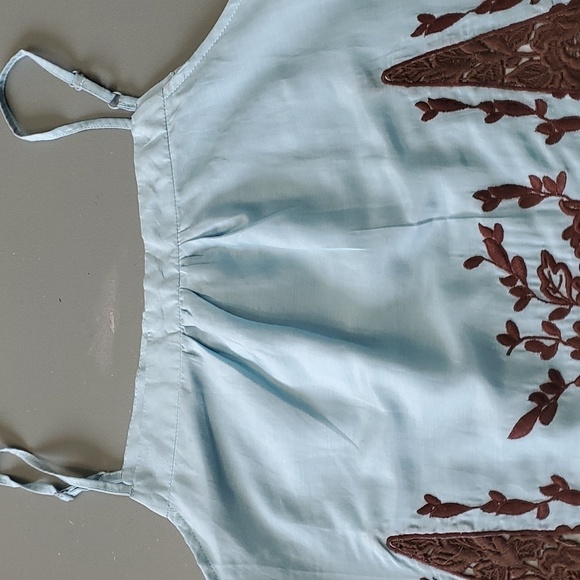 Blue Tassel collection silk Blend top. Blue with Black enbroidery. Size XS. - Picture 2 of 9